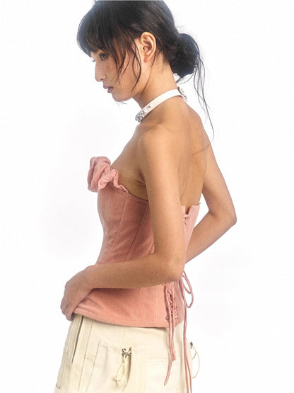 Flowers birds Market Pink Printed Deformable Pleated Lace Corset Zipper Tie V-Neck Top