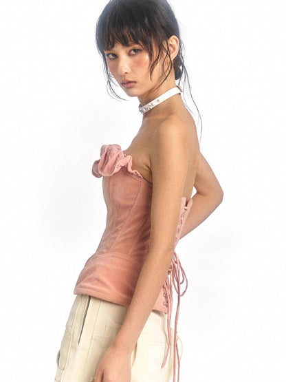 Pink Printed Deformable Pleated Lace Corset Zipper Tie V-Neck Top