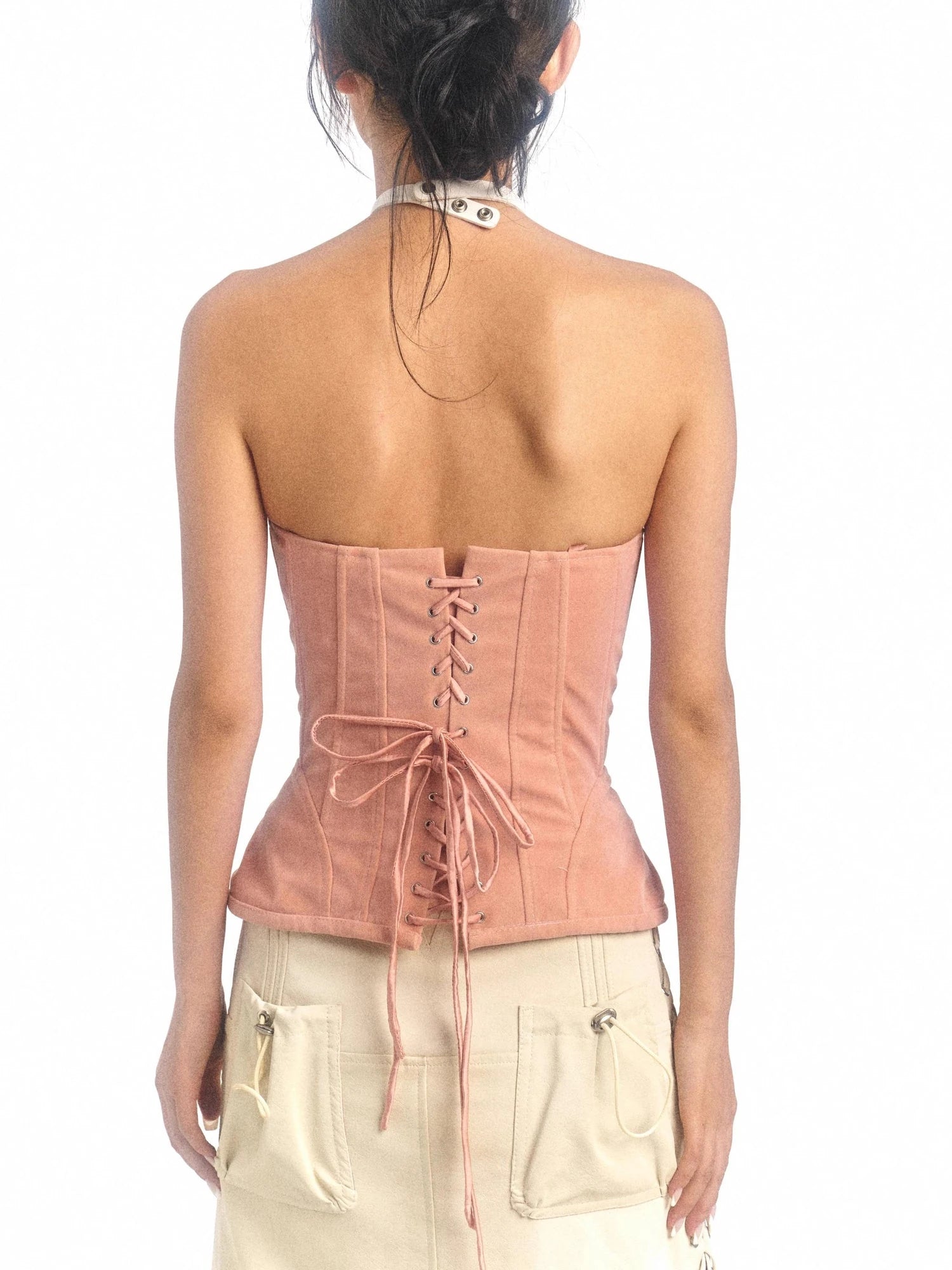 Pink Printed Deformable Pleated Lace Corset Zipper Tie V-Neck Top