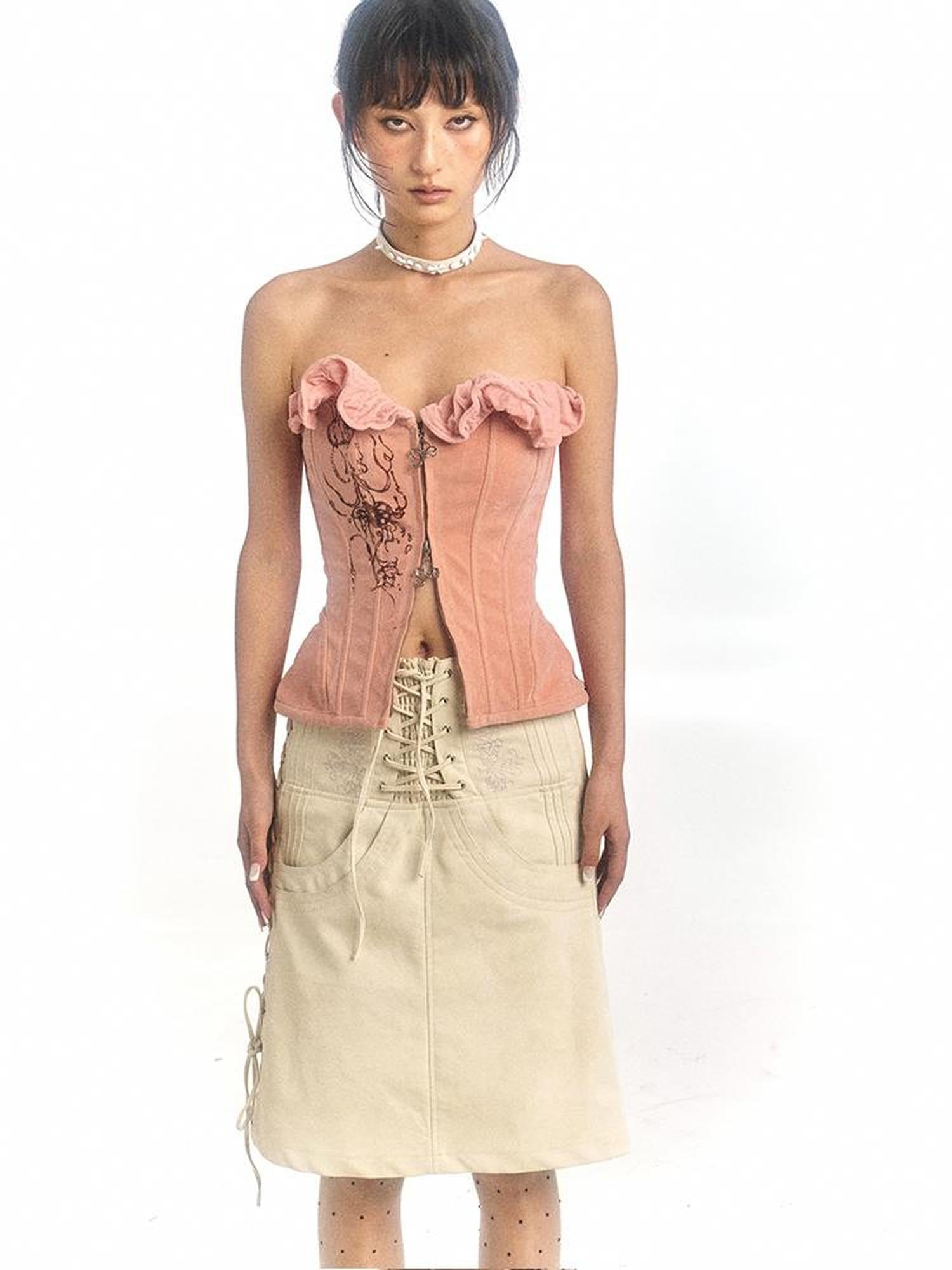 Flowers birds Market Pink Printed Deformable Pleated Lace Corset Zipper Tie V-Neck Top