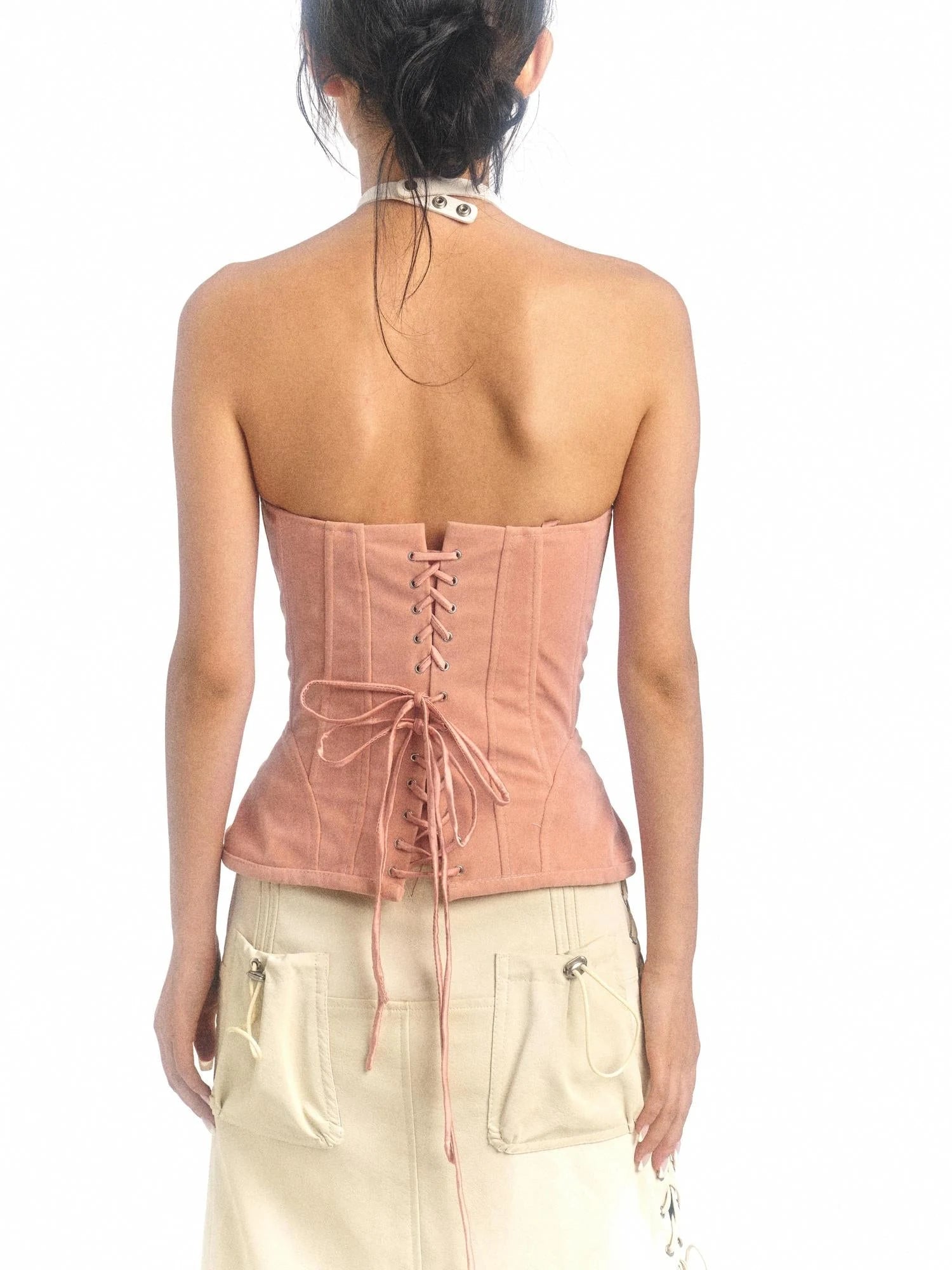 Pink Printed Deformable Pleated Lace Corset Zipper Tie V-Neck Top