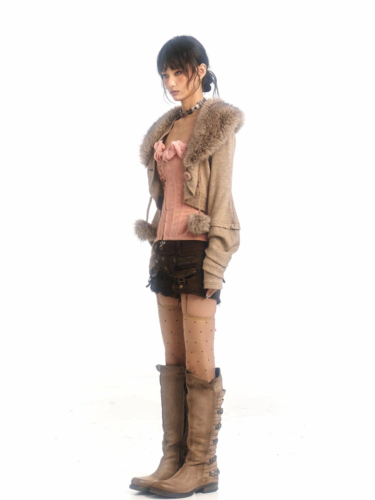 Pink Printed Deformable Pleated Lace Corset Zipper Tie V-Neck Top