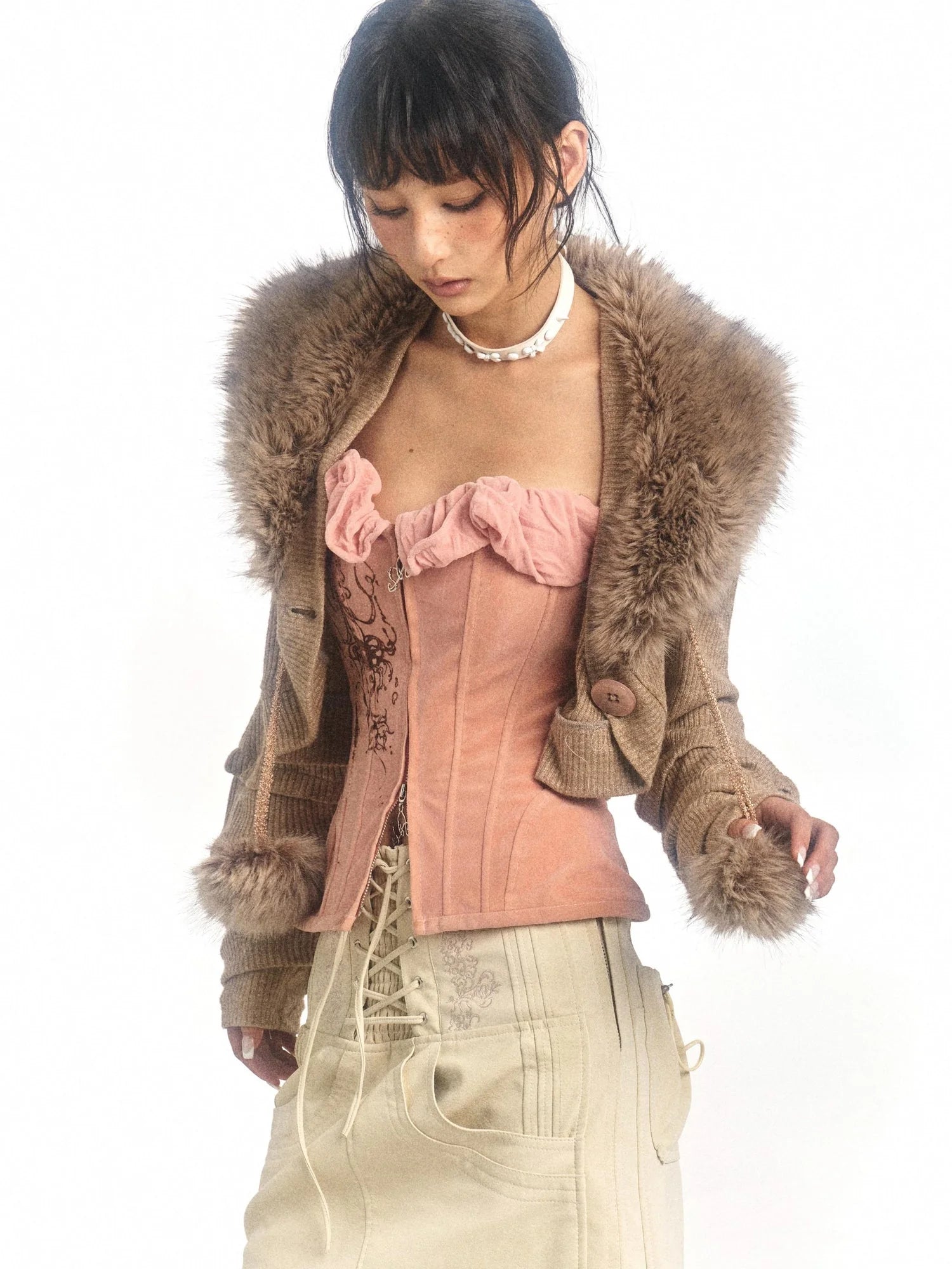 Pink Printed Deformable Pleated Lace Corset Zipper Tie V-Neck Top