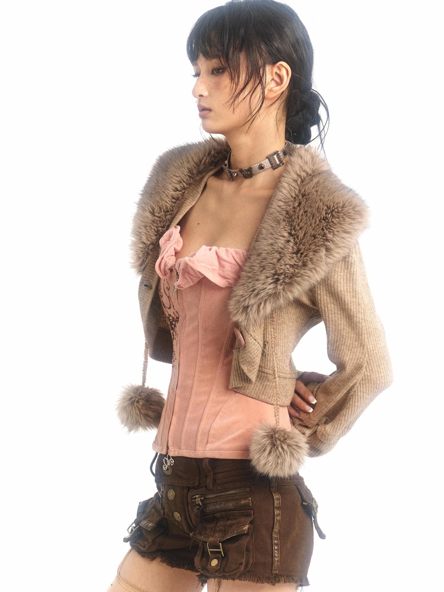 Pink Printed Deformable Pleated Lace Corset Zipper Tie V-Neck Top