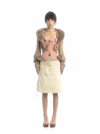 Pink Printed Deformable Pleated Lace Corset Zipper Tie V-Neck Top