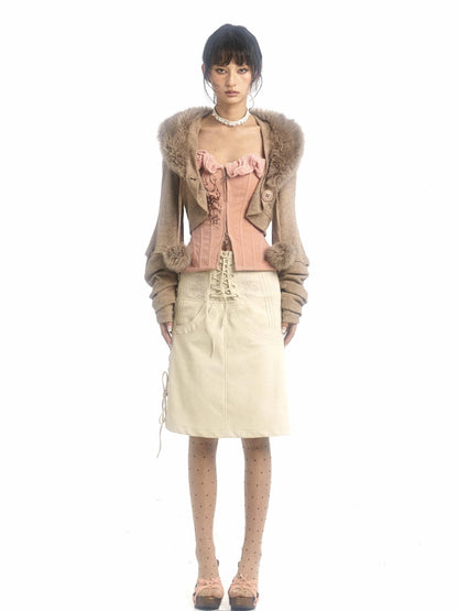 Pink Printed Deformable Pleated Lace Corset Zipper Tie V-Neck Top