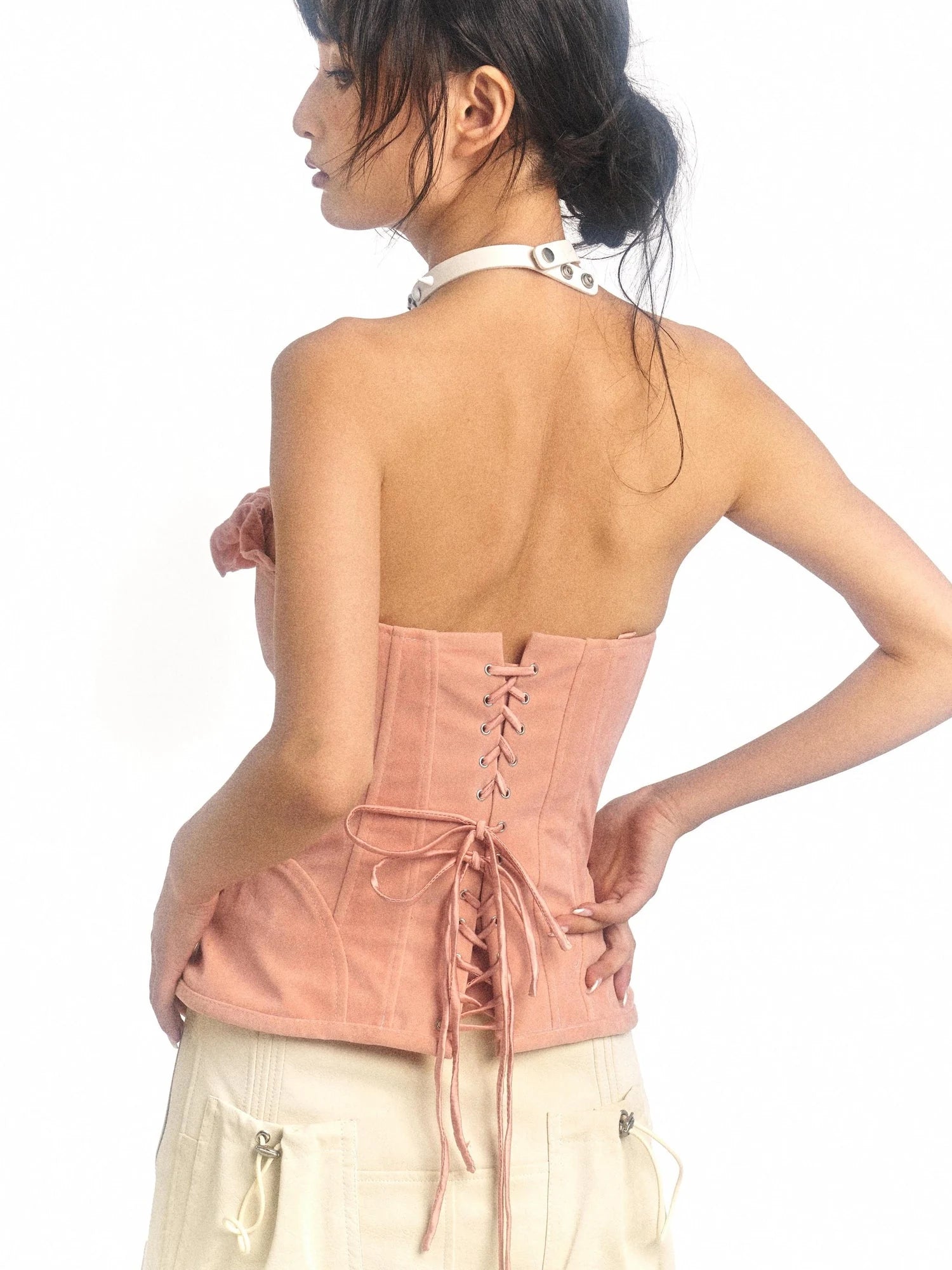 Pink Printed Deformable Pleated Lace Corset Zipper Tie V-Neck Top