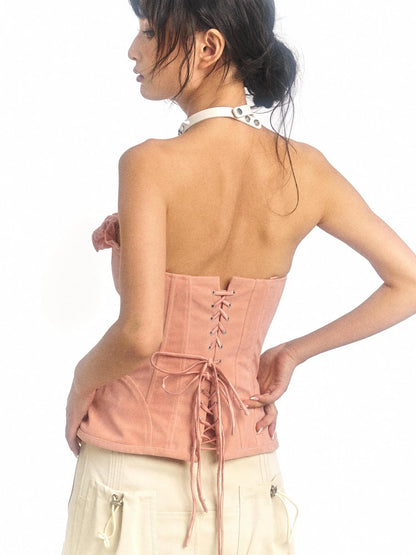 Pink Printed Deformable Pleated Lace Corset Zipper Tie V-Neck Top