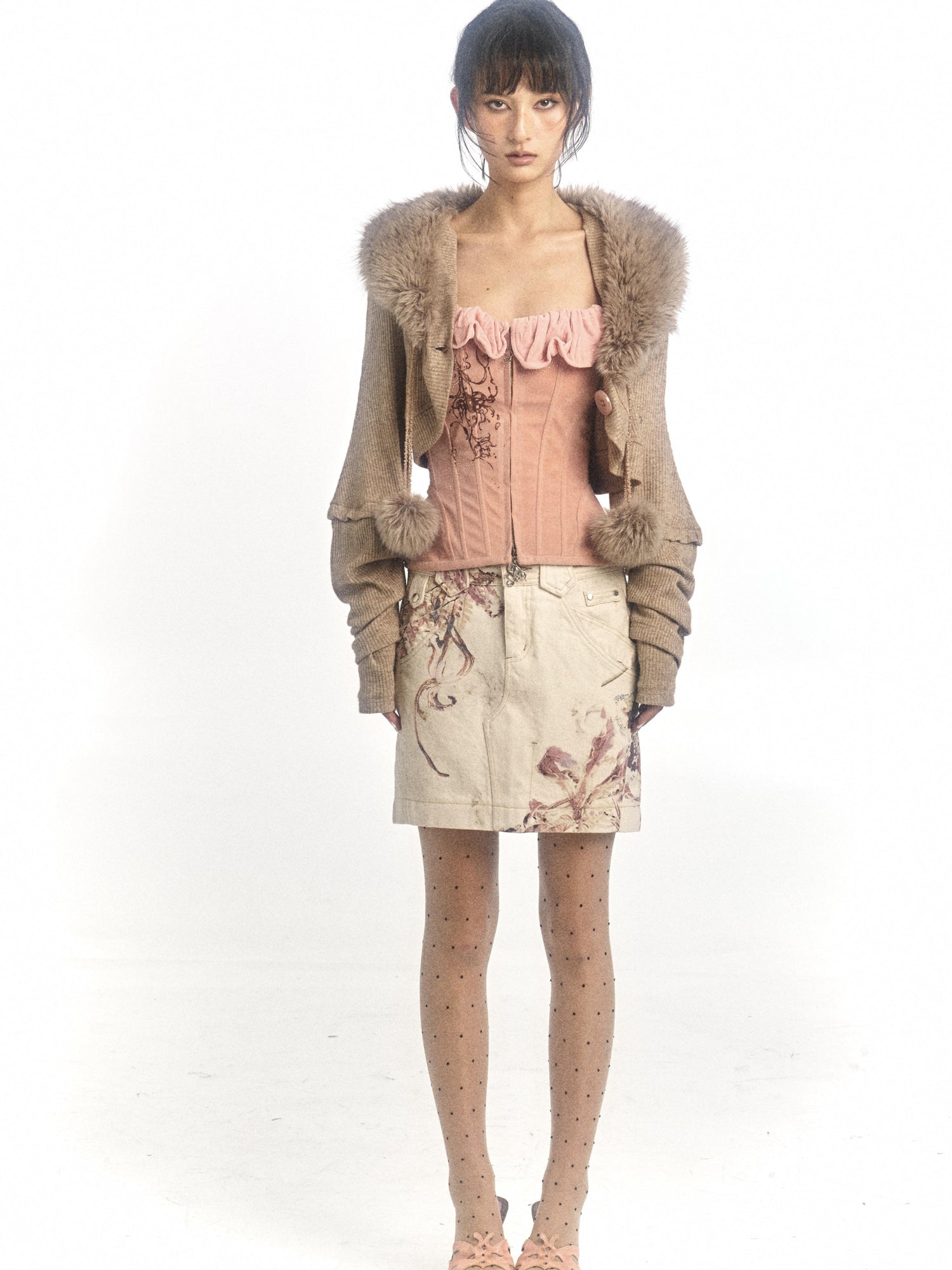 Flowers birds Market Pink Printed Deformable Pleated Lace Corset Zipper Tie V-Neck Top