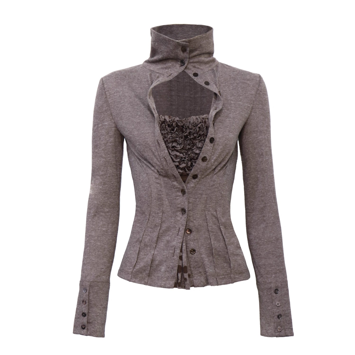 Flowers_birds_Market_Pleated_Design_Long_Sleeve_Standard_Fit_Women_Khaki_Dark_Gray_Top_Blouse_MISSTT