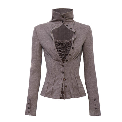 Flowers_birds_Market_Pleated_Design_Long_Sleeve_Standard_Fit_Women_Khaki_Dark_Gray_Top_Blouse_MISSTT