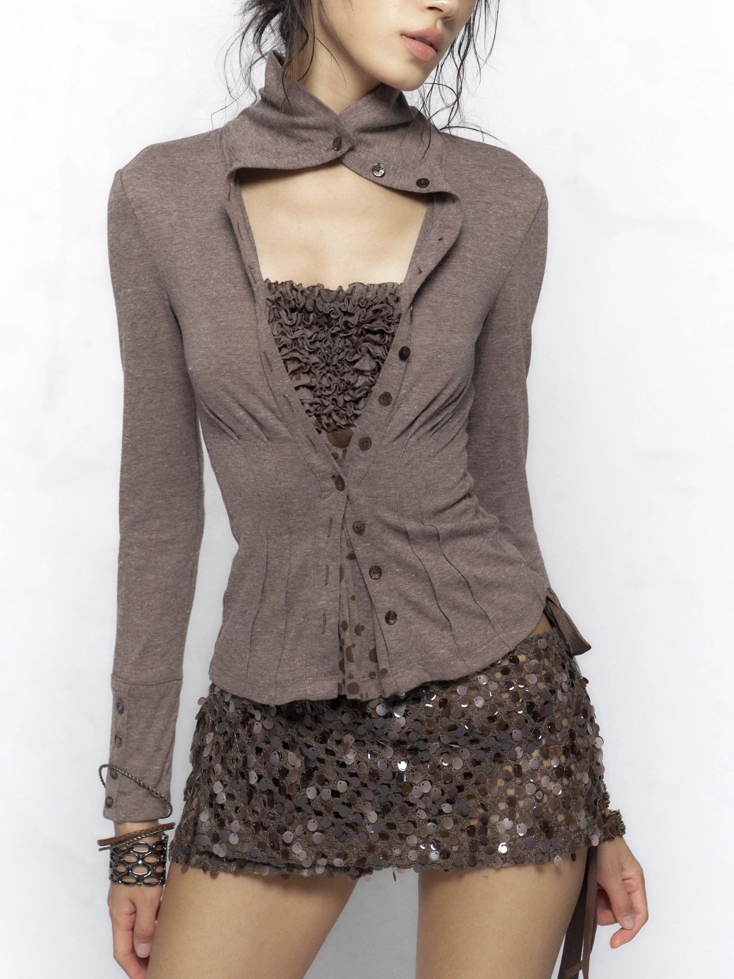 Flowers birds Market Pleated Design Long Sleeve Standard Fit Women Khaki Dark Gray Top Blouse