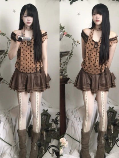 Flowers birds Market Polka Dot Control Velvet Vintage Slim Long Sleeve Blouse