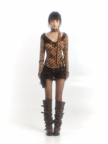 Polka Dot Control Velvet Vintage Slim Long Sleeve Blouse