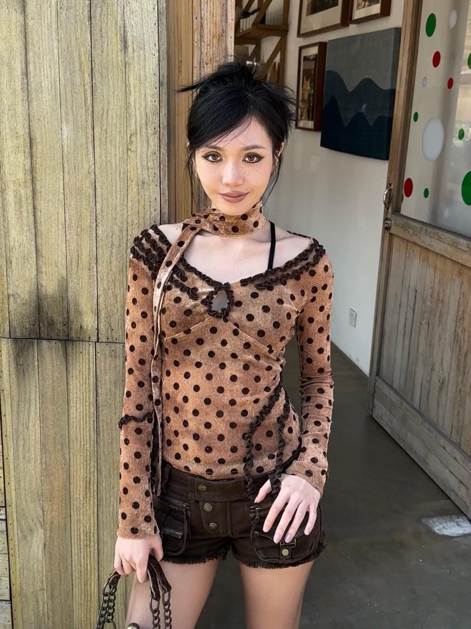 Polka Dot Control Velvet Vintage Slim Long Sleeve Blouse