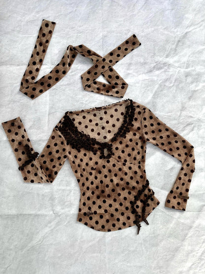 Flowers birds Market Polka Dot Control Velvet Vintage Slim Long Sleeve Blouse