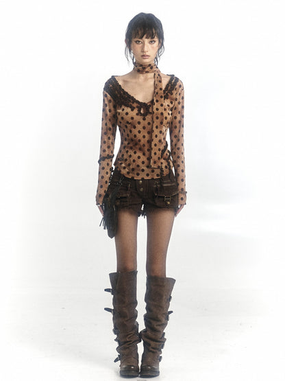 Polka Dot Control Velvet Vintage Slim Long Sleeve Blouse