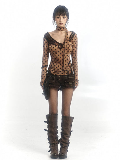 Polka Dot Control Velvet Vintage Slim Long Sleeve Blouse
