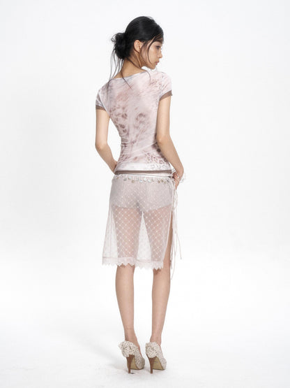Flowers birds Market Polka Dot Detachable Mesh With Stretch Shorts Women&