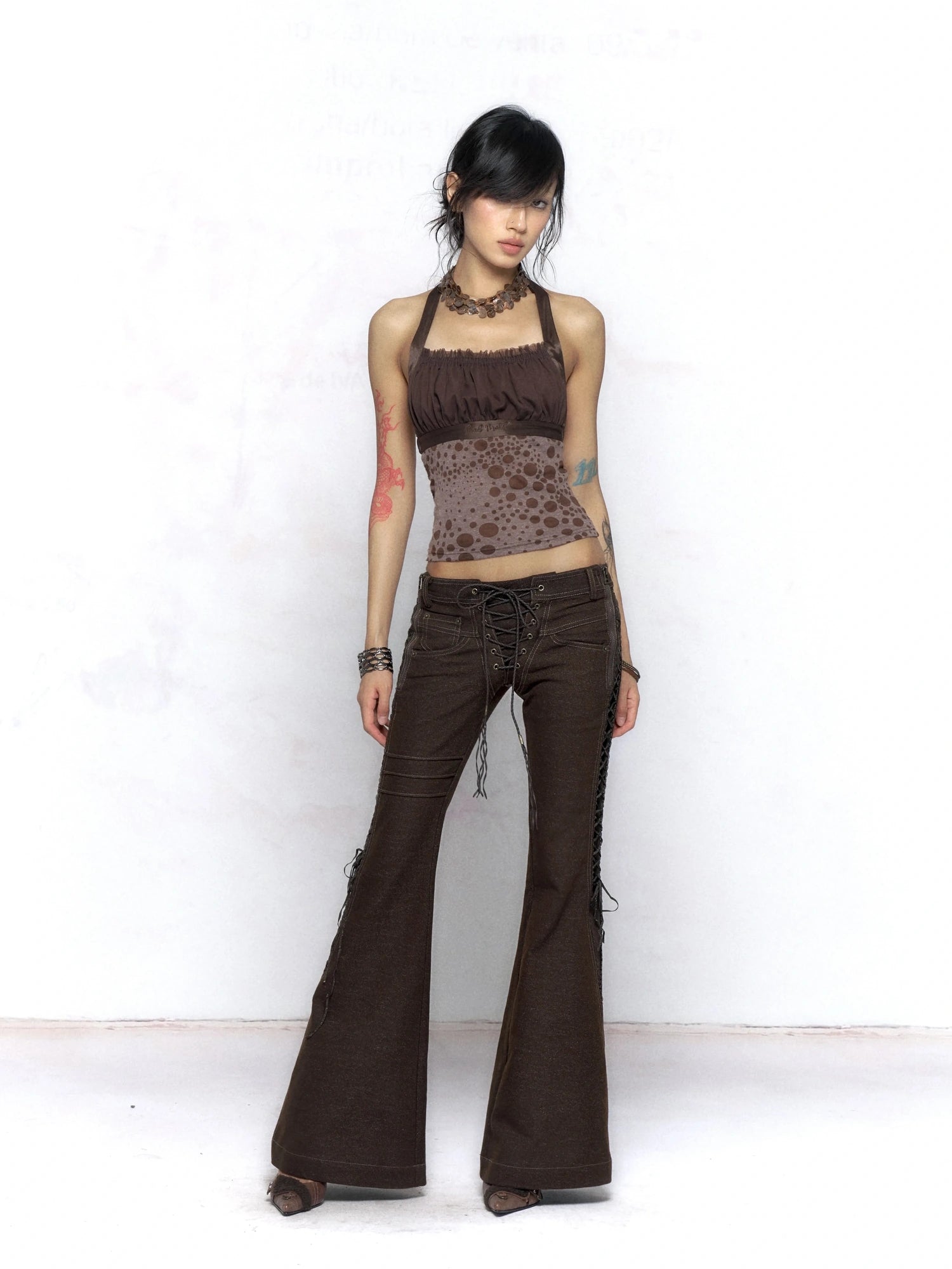 Flowers birds Market Polka Dot Strappy Camisole Regular Fit Brown Layering Women Tank Top