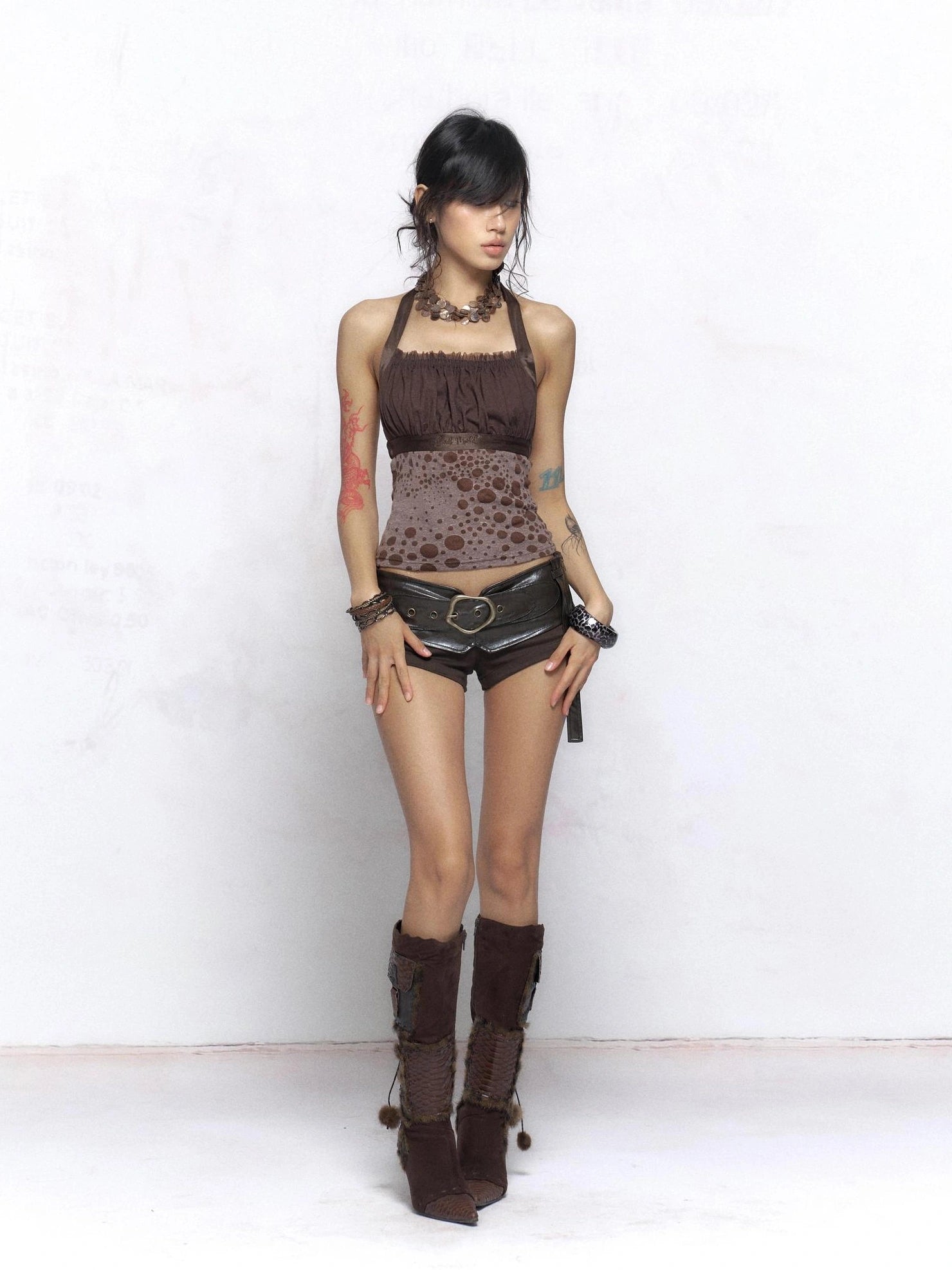 Flowers birds Market Polka Dot Strappy Camisole Regular Fit Brown Layering Women Tank Top