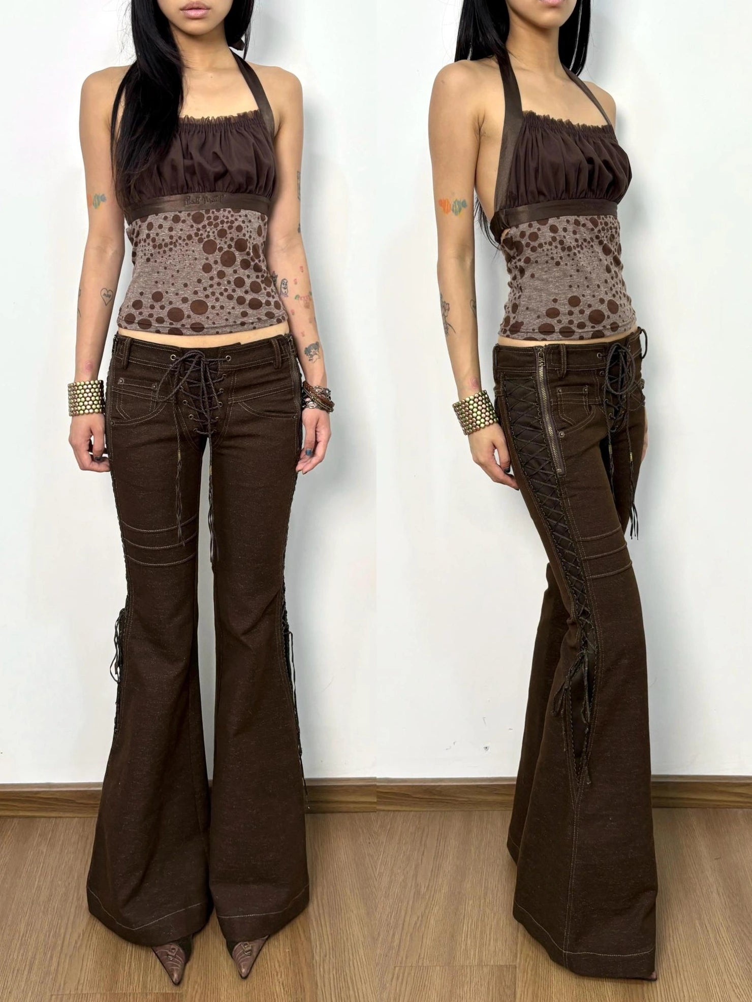 Flowers birds Market Polka Dot Strappy Camisole Regular Fit Brown Layering Women Tank Top