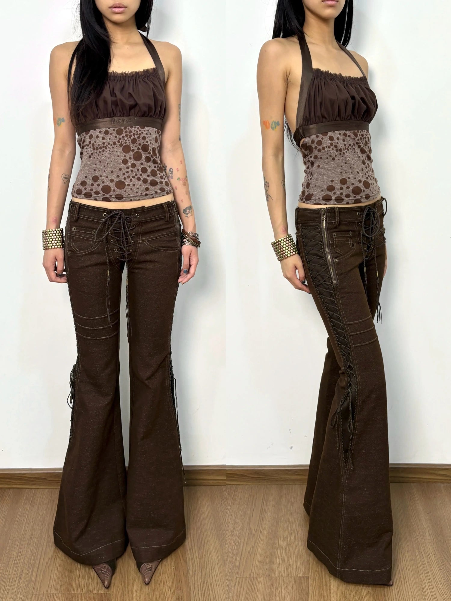 Flowers birds Market Polka Dot Strappy Camisole Regular Fit Brown Layering Women Tank Top