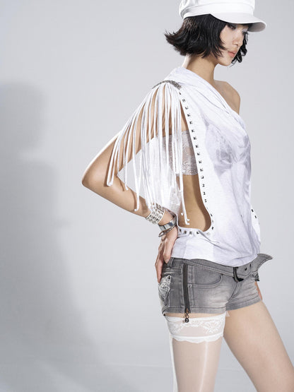 Flowers birds Market Print Studded Fringe Lace Halter Women&
