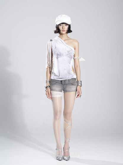 Flowers birds Market Print Studded Fringe Lace Halter Women&