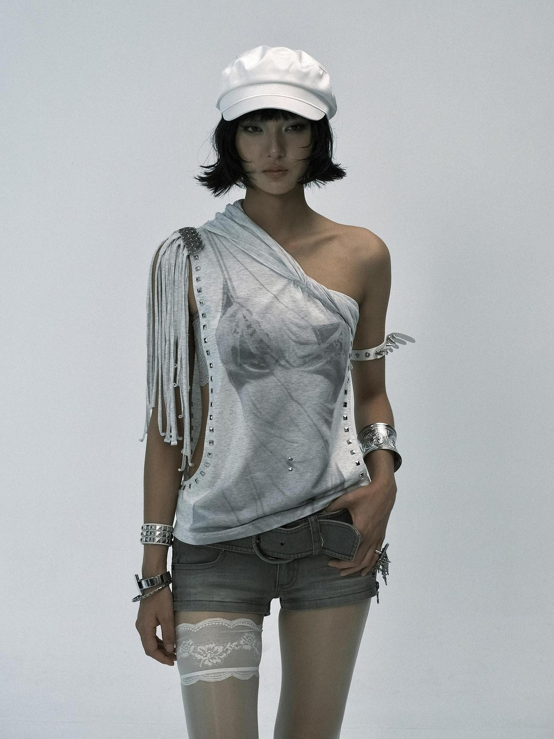 Flowers birds Market Print Studded Fringe Lace Halter Women&