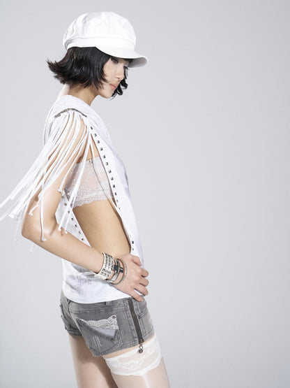 Flowers birds Market Print Studded Fringe Lace Halter Women&