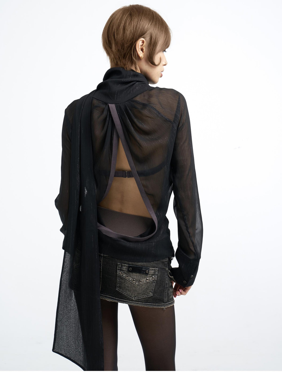 Flowers birds Market Printed Patchwork Semi Sheer Open Back Women&