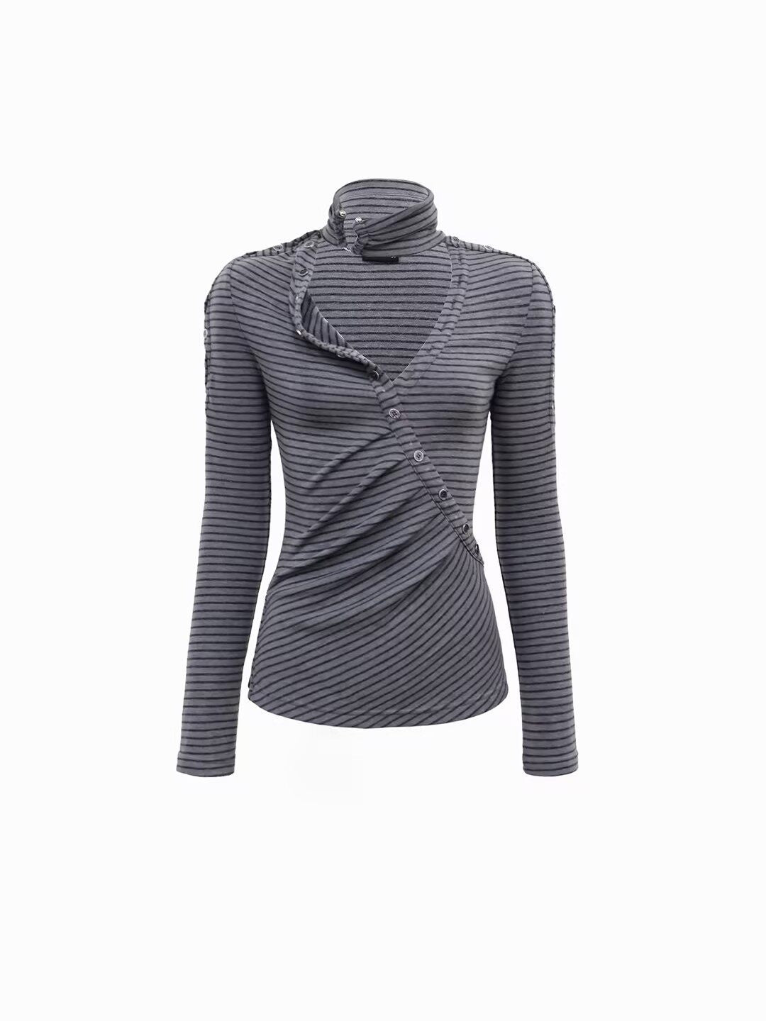 Flowers birds Market Pure Cotton Casual Slim Fit Striped Blue Gray Ladies Long Sleeve T-Shirts