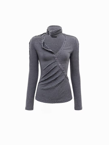 Flowers birds Market Pure Cotton Casual Slim Fit Striped Blue Gray Ladies Long Sleeve T-Shirts