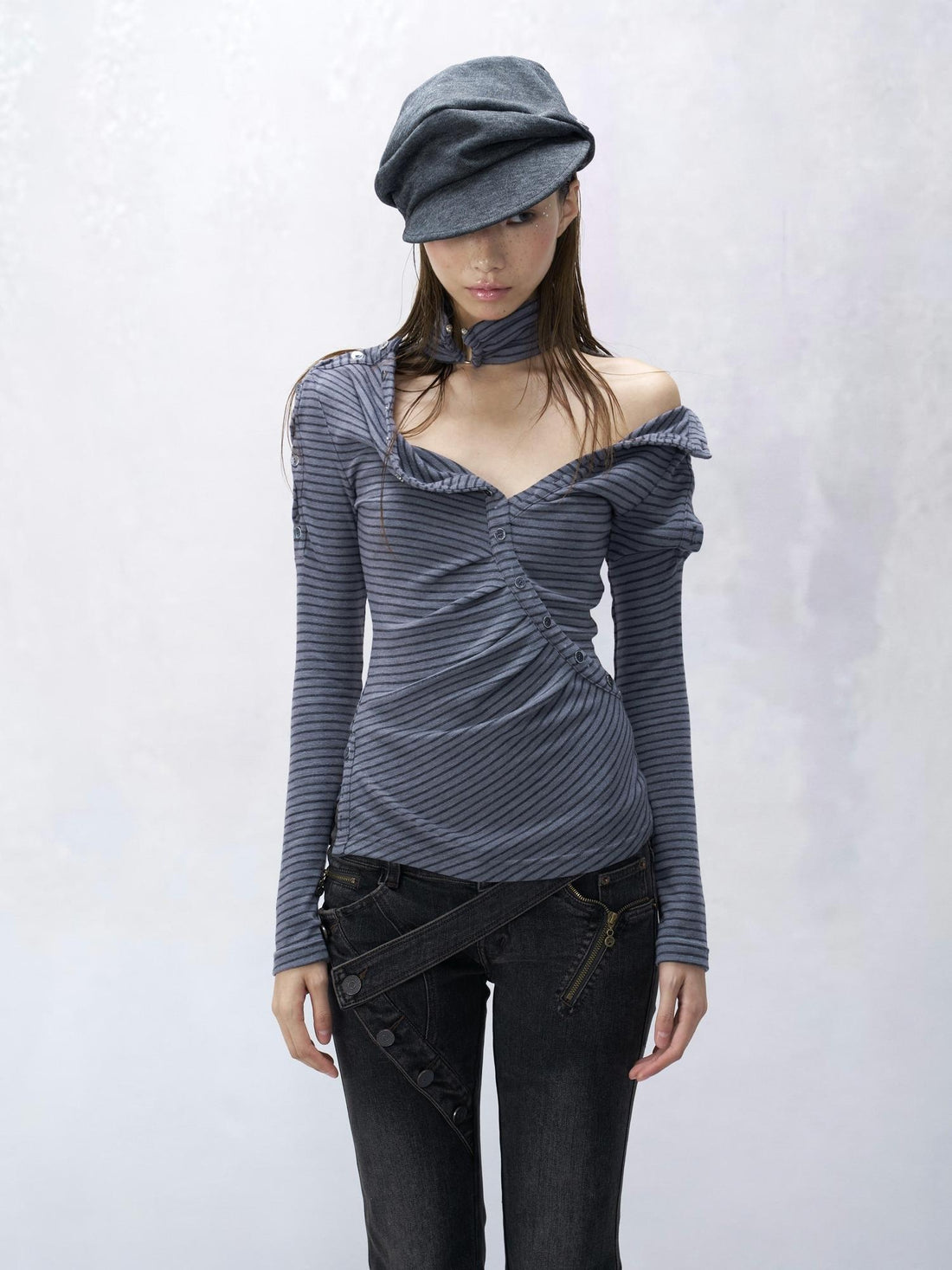 Flowers_birds_Market Pure Cotton Casual Slim Fit Striped Blue Gray Ladies Long Sleeve T-Shirts