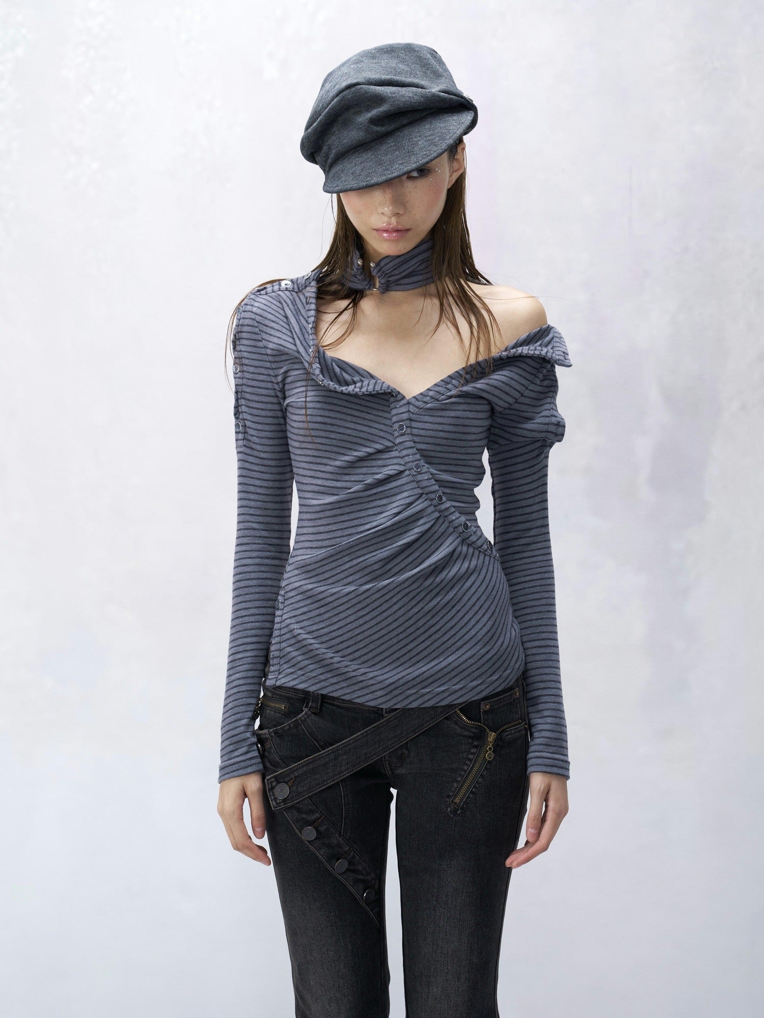 Flowers birds Market Pure Cotton Casual Slim Fit Striped Blue Gray Ladies Long Sleeve T-Shirts