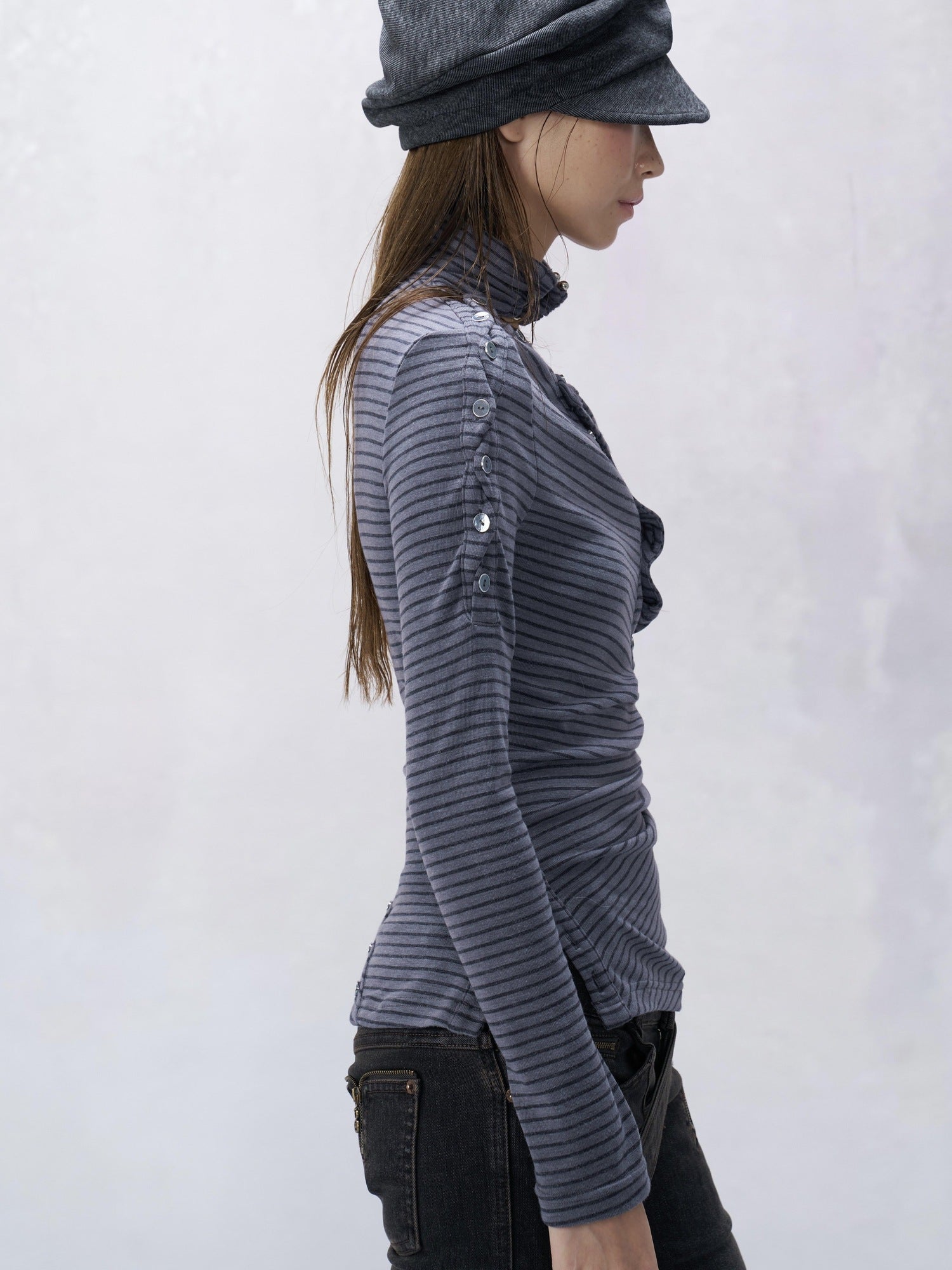 Flowers birds Market Pure Cotton Casual Slim Fit Striped Blue Gray Ladies Long Sleeve T-Shirts