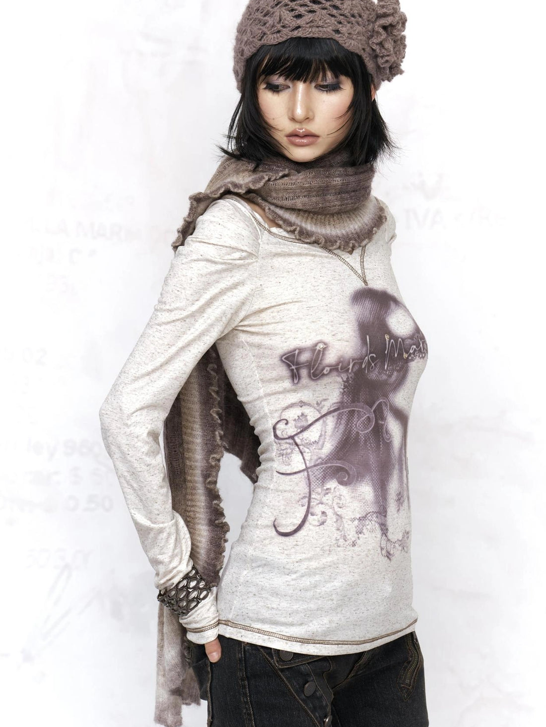 Flowers birds Market Pure Cotton Punk Style Slim Fit V Neck Long Sleeve Women Portrait Print T-Shirt