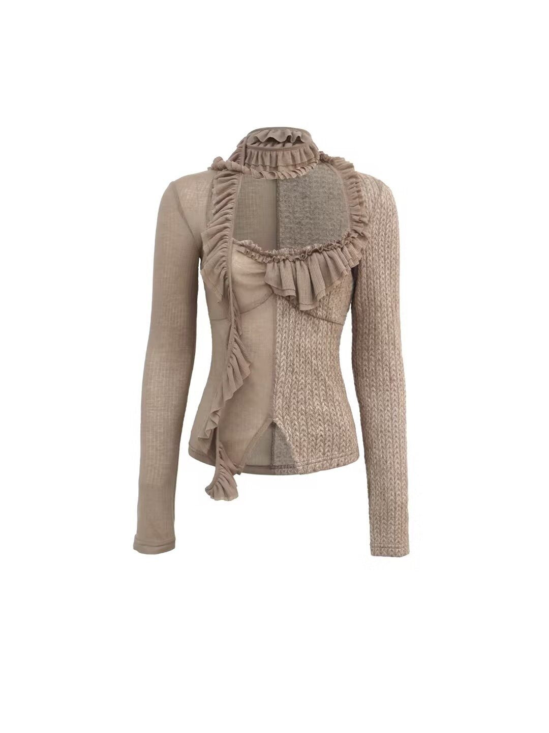 Flowers birds Market Pure Cotton Ruffle Trim Slim Fit Sexy Women Patchwork Knit Long Sleeve T-Shirts