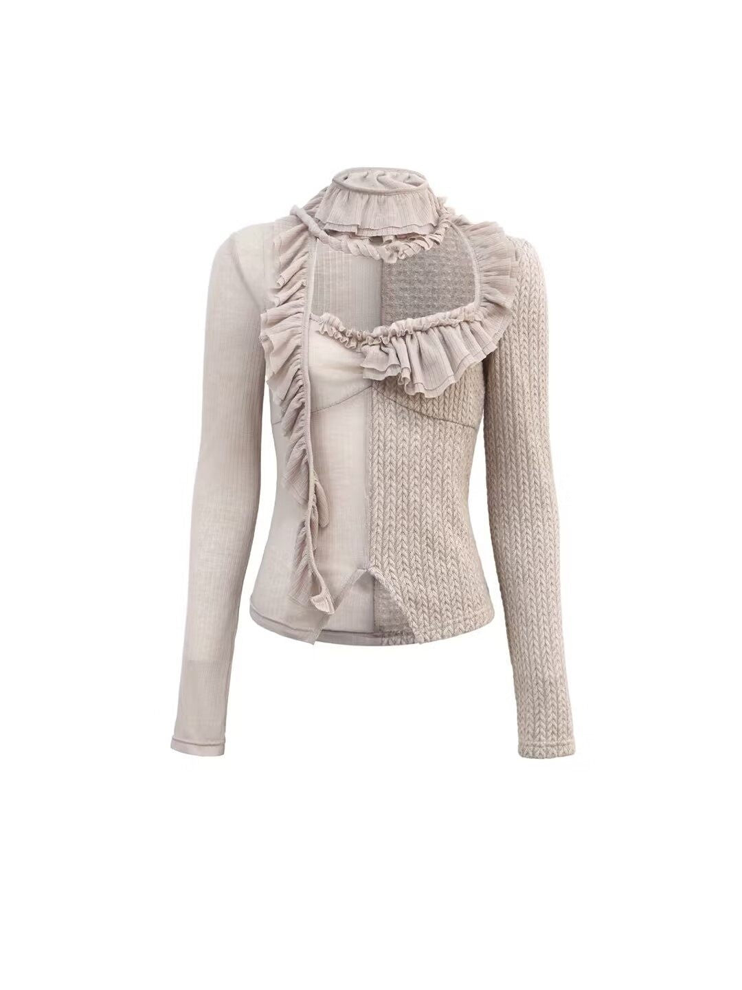 Flowers birds Market Pure Cotton Ruffle Trim Slim Fit Sexy Women Patchwork Knit Long Sleeve T-Shirts