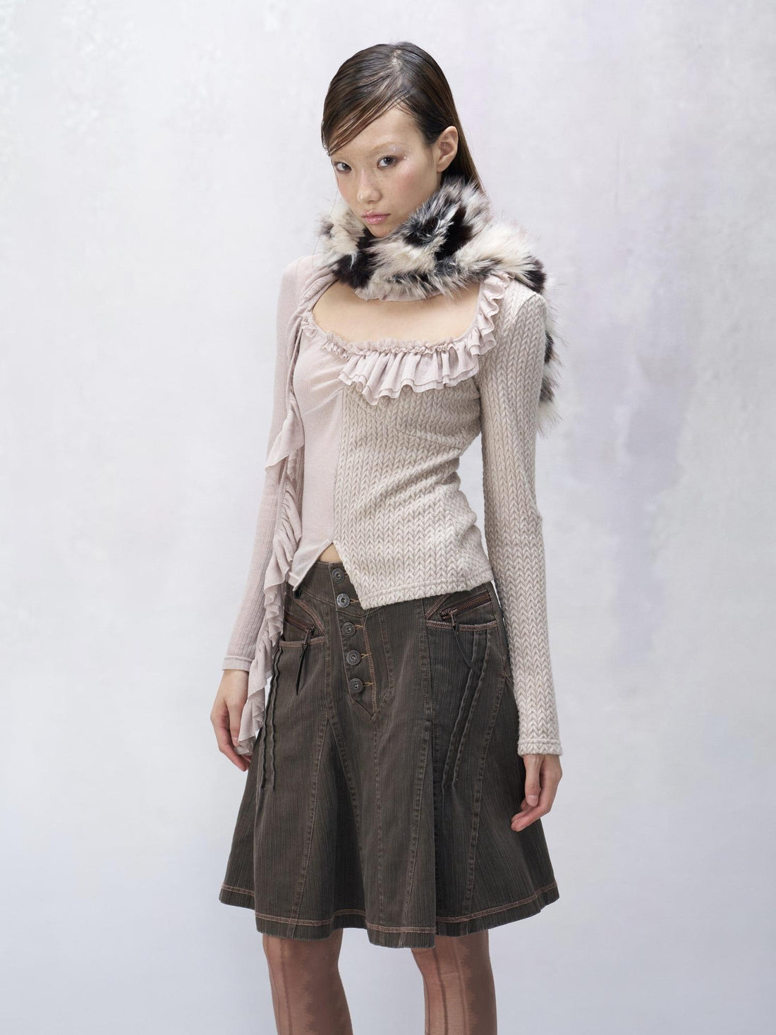 Flowers_birds_Market Pure Cotton Ruffle Trim Slim Fit Sexy Women Patchwork Knit Long Sleeve T-Shirts