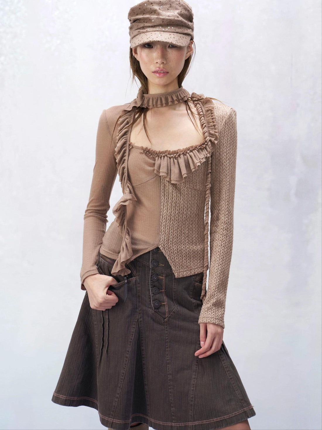 Flowers_birds_Market Pure Cotton Ruffle Trim Slim Fit Sexy Women Patchwork Knit Long Sleeve T-Shirts