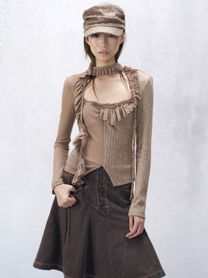 Flowers birds Market Pure Cotton Ruffle Trim Slim Fit Sexy Women Patchwork Knit Long Sleeve T-Shirts