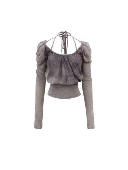 Flowers birds Market Pure Cotton Slim Fit Striped Crew Neck Cropped Grey Women Long Sleeve T-Shirts