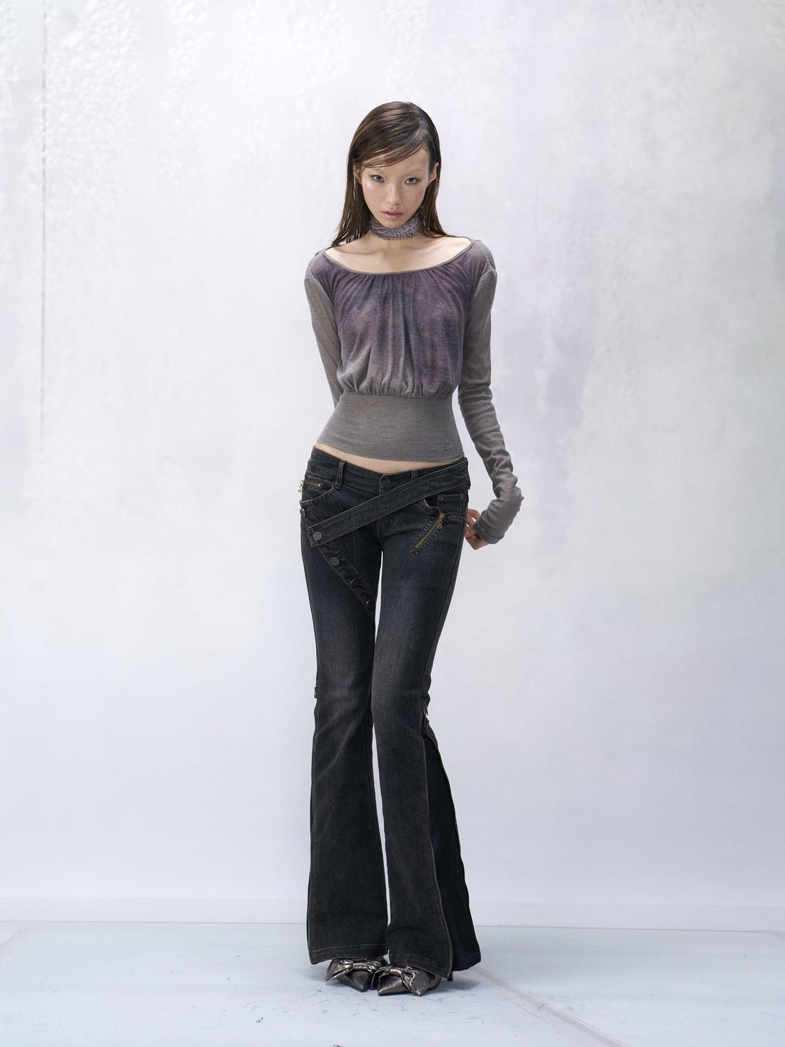 Flowers_birds_Market Pure Cotton Slim Fit Striped Crew Neck Cropped Grey Women Long Sleeve T-Shirts