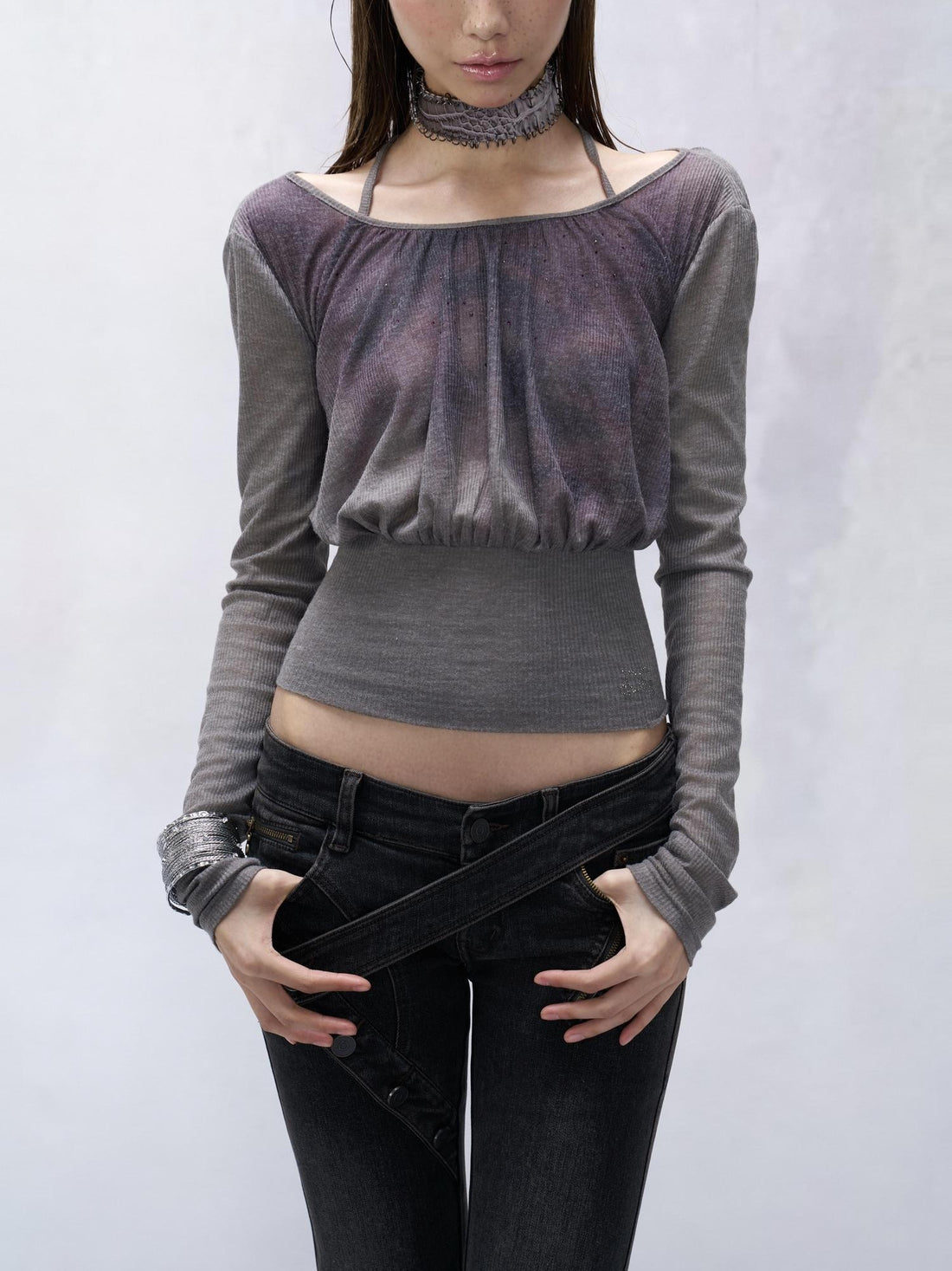 Flowers_birds_Market Pure Cotton Slim Fit Striped Crew Neck Cropped Grey Women Long Sleeve T-Shirts