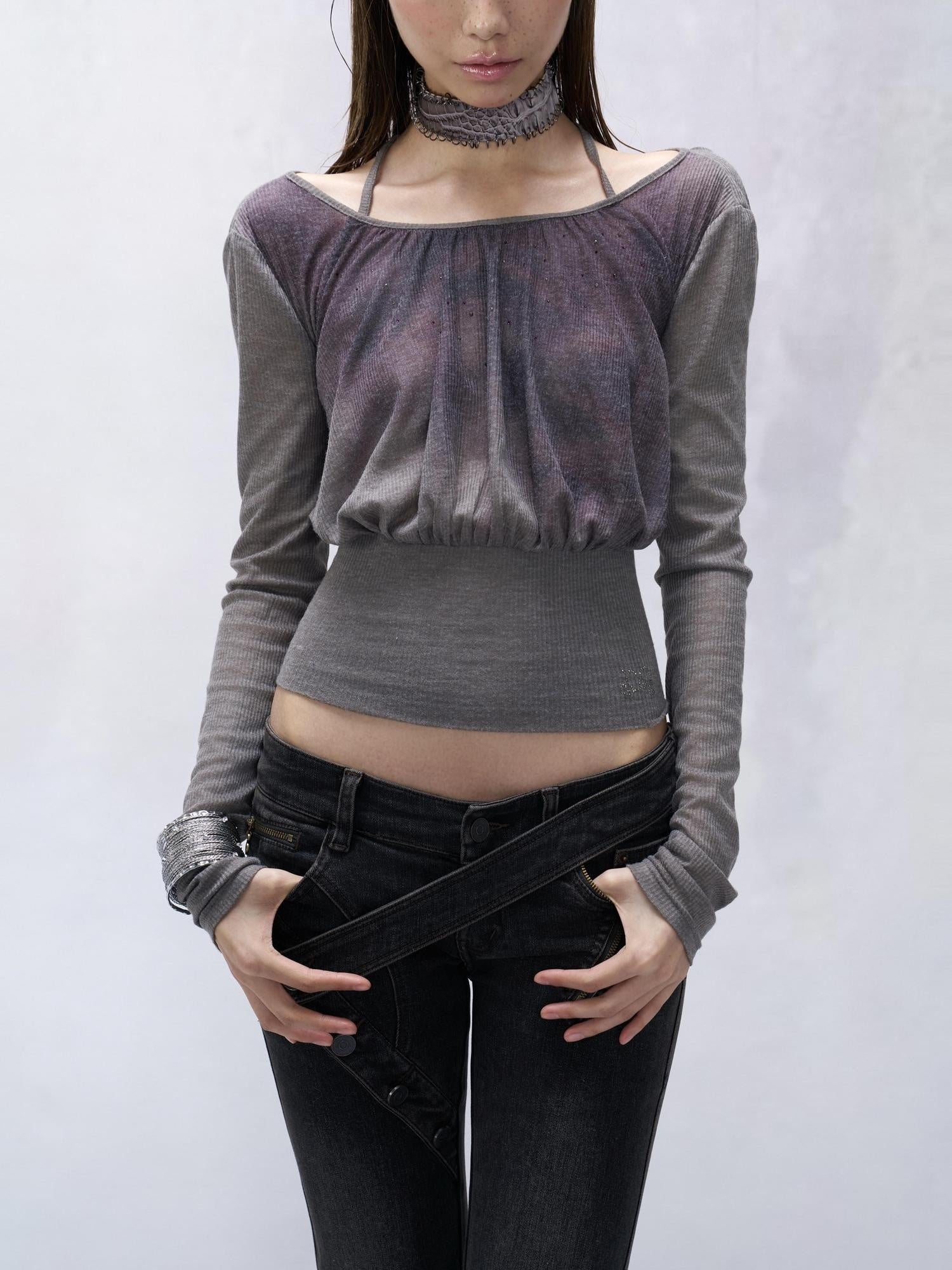 Flowers birds Market Pure Cotton Slim Fit Striped Crew Neck Cropped Grey Women Long Sleeve T-Shirts