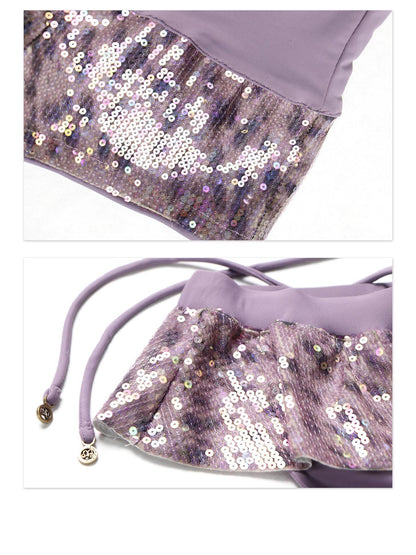 Flowers birds Market Purple Sequin Leopard Print Halter Women&