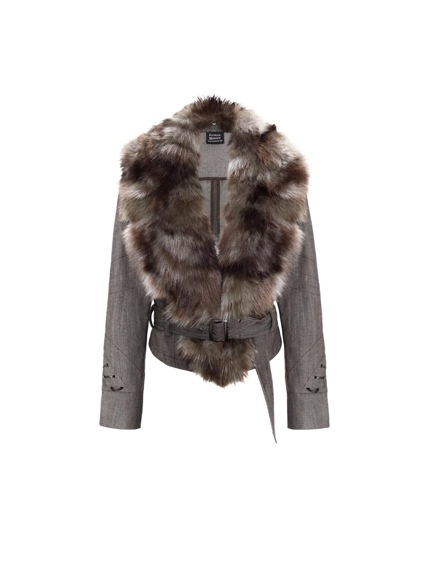 Flowers birds Market Reversible Faux Fur Trim Slim Fit Lapel Short Women Easy Care Cropped Jackets