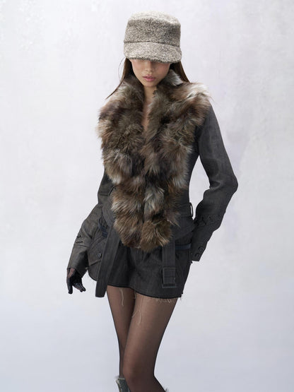 Flowers birds Market Reversible Faux Fur Trim Slim Fit Lapel Short Women Easy Care Cropped Jackets